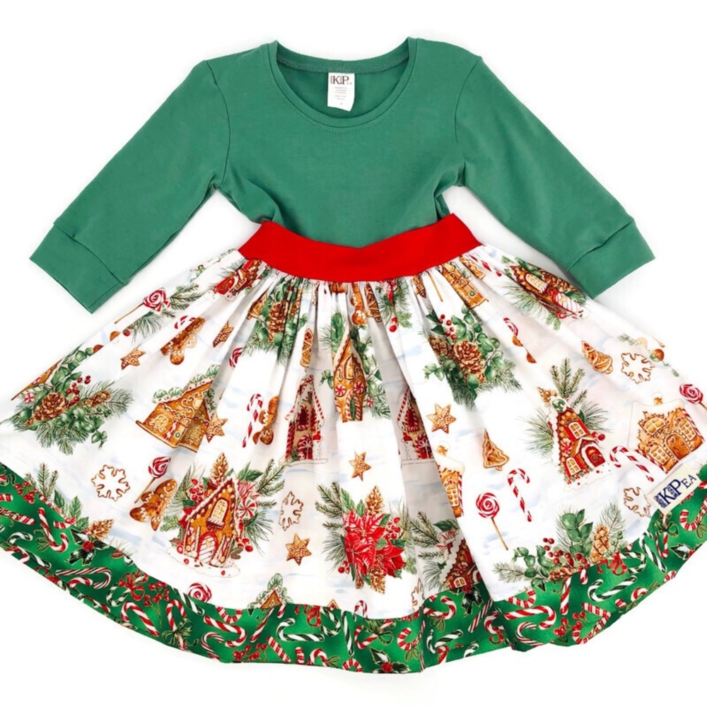 KPea Original Gingerbread Print Green Holiday Christmas Dress Cotton NEW - Picture 3 of 10